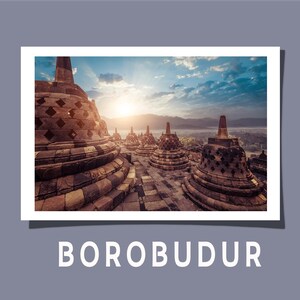 Borobudur Stupas Sunrise | Java Indonesia Postcard Gift Travel Poster Greeting Card | Buddhist Sacred Fine Art Giclée Print Matte Satin