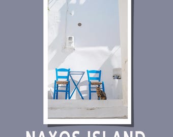 Cat Naxos Island Poster/Postcard Blue Chair at White Greek Island Mediterranean Summer Vacation Greece Art Giclée Print Gift Rolled UNFRAMED