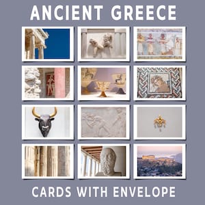 Op de afbeelding: Een set kaarten met afbeeldingen van het oude Griekenland, waaronder architectonische details, sculpturen en mozaïeken. De kaarten worden weergegeven op een grijze achtergrond, met de tekst "ANCIENT GREECE" en "CARDS WITH ENVELOPE".