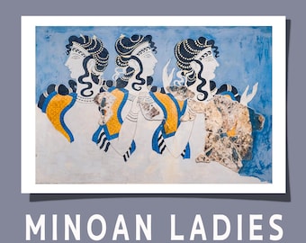 Minoan Ladies Fresco Postcard / Poster / Greeting Card Matte Satin Women in Blue Knossos Palace Ancient Greece Fine Art Giclée Photo Print