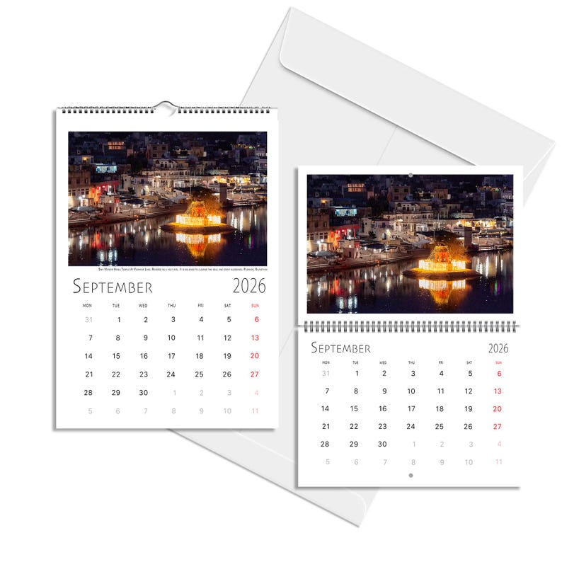 India 2026 Calendar Hindu Temples Gods City Streets Table Book Wall A4 A3 Vertical Horizontal Monthly Organiser Fine Art Print Travel Decor
