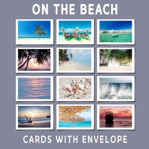 May include: A collection of beach-themed cards with envelopes. The cards feature various tropical beach scenes, including palm trees, boats, sunsets, and ocean waves. The text "ON THE BEACH" and "CARDS WITH ENVELOPE" are displayed.