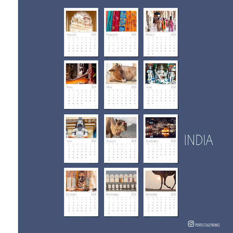 India 2026 Calendar Hindu Temples Gods City Streets Table Book Wall A4 A3 Vertical Horizontal Monthly Organiser Fine Art Print Travel Decor