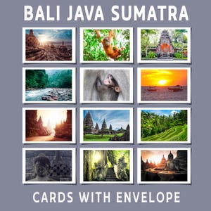 May include: A set of postcards with images from Bali, Java, and Sumatra. The postcards depict temples, landscapes, and wildlife. The text "BALI JAVA SUMATRA" and "CARDS WITH ENVELOPE" are displayed at the top and bottom of the image.