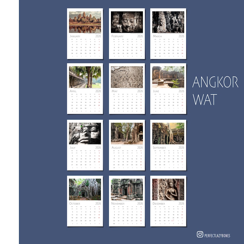 Angkor Wat 2026 Photo Calendar Temple Khmer Cambodia Table Book Wall Vertical Horizontal Monthly Organiser Fine Art Print Travel Decor