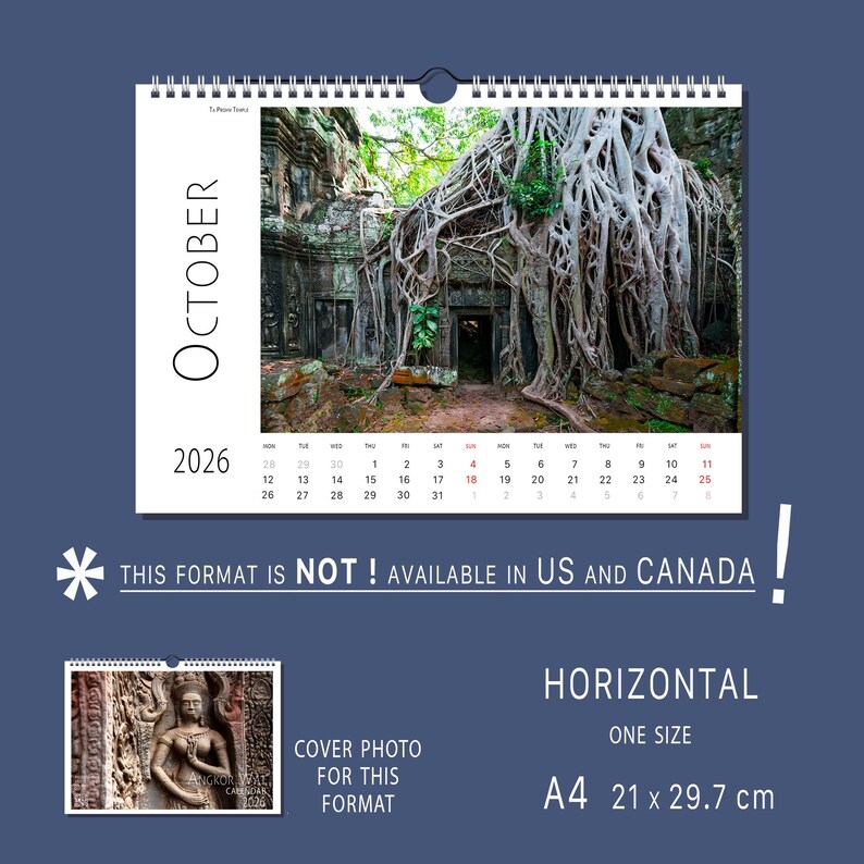 Angkor Wat 2026 Photo Calendar Temple Khmer Cambodia Table Book Wall Vertical Horizontal Monthly Organiser Fine Art Print Travel Decor