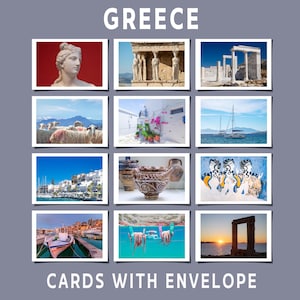 Griekenland ansichtkaart/wenskaart A6 B6-formaat set of enkele mat met envelop Kariatide Parthenon wit blauw eiland Marine Fine Art Giclée print