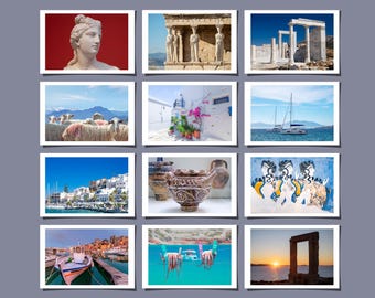 Greece Postcard /Greeting Card A6 B6 Size Set or Single Matt With Envelope Caryatid Parthenon White Blue Island Marine Fine Art Giclée Print