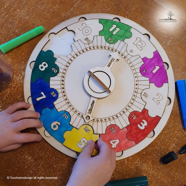 Learning Time CLock - Wooden Puzzle - Montessori Toys - laser art - non-toxic educational toys for kids - motor skills sorting activity