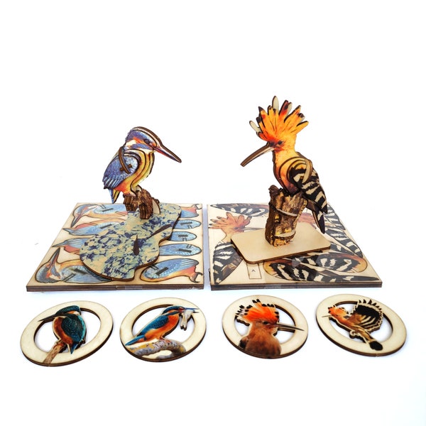 Hoopoe/Kingfisher 3D wooden puzzle + coasters - EXCLUSIVE TO ETSY - handmade, colored, non-toxic educational toys for children & adults