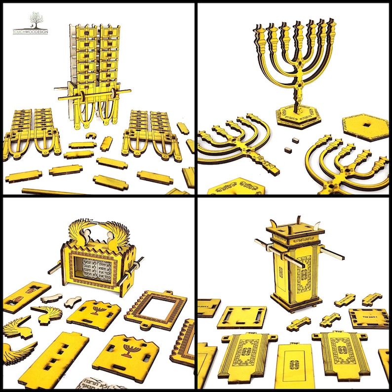 Pu&ograve; includere: Un set di quattro modelli in legno tagliati al laser di manufatti religiosi ebraici. I modelli sono di colore legno chiaro e sono assemblati. I modelli includono un candelabro a sette bracci, un'arca dell'alleanza e due versioni dell'arca dell'alleanza su ruote.