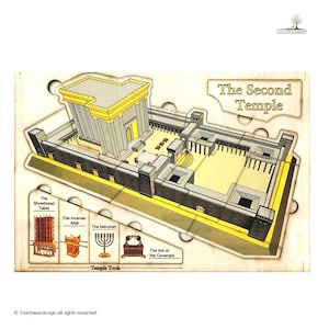 May include: A 3D model of the Second Temple in Jerusalem, with a detailed illustration of the temple's interior and exterior. The model includes the Holy of Holies, the Menorah, the Ark of the Covenant, and the altar. The model is made of wood and is painted in a variety of colors.