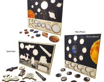Set van 3 ruimtepuzzels - Montessorispeelgoed - zonnestelsel, maanstanden en ruimtefeiten - educatief, niet-giftig speelgoed voor kinderen - handgemaakt