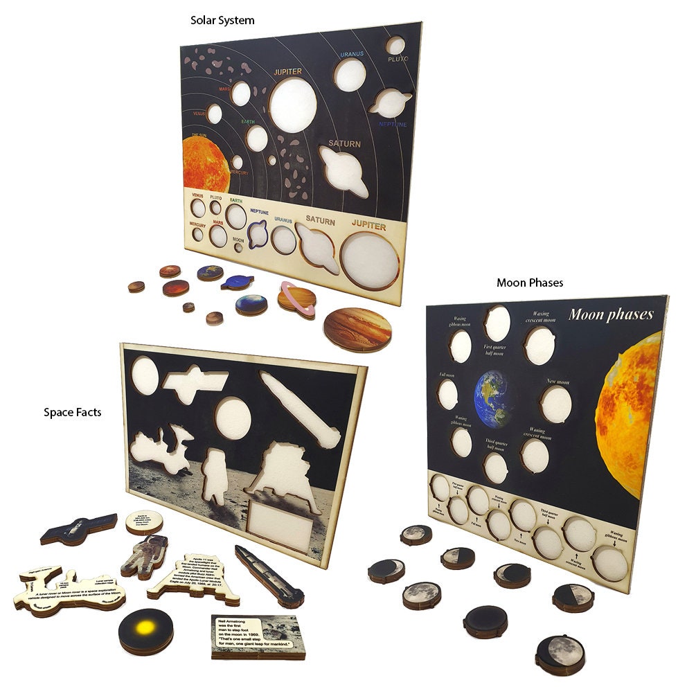 Moon Phases & Space Facts handmade Montessori toys Solar System Space puzzles \u2013 set of 3 educational toys
