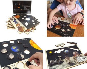 Set of 3 Space puzzles – Montessori toys - Solar System, Moon Phases & Space Facts - educational non-toxic toys for kids - handmade