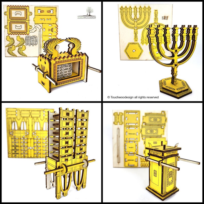 Pu&ograve; includere: Quattro modelli in legno di manufatti religiosi: un candelabro a sette bracci, un tabernacolo, un'arca dell'alleanza e un tavolo dei pani della proposta. I modelli sono realizzati in legno giallo e presentano dettagli intricati. I modelli sono tutti assemblati e pronti per essere esposti.