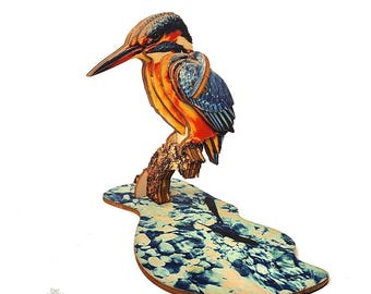 Kingfisher bird - 3D wooden puzzles laser art model construction kit- colored - handmade