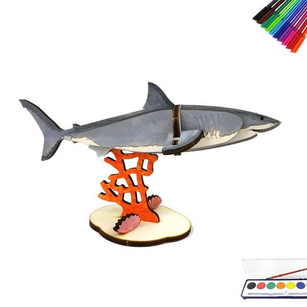 Great White Shark - 3D wooden puzzles laser art model construction kit - DIY - handmade - non-toxic toys for children & adults