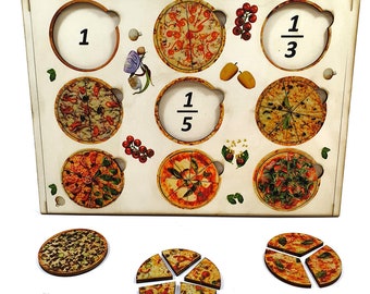 Fractions & Pizza – educational wooden Maths numbers puzzle - laser art - non-toxic educational toys for kids and toddlers - handmade