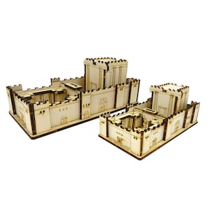 May include: A wooden model of the Temple in Jerusalem, featuring intricate details and a layered design. The model is made of light brown wood and includes a smaller replica of the Temple.