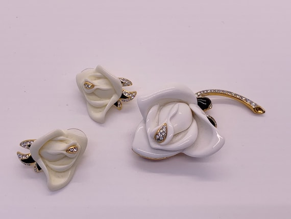 Joan Rivers White Lilly Earrings and Brooch