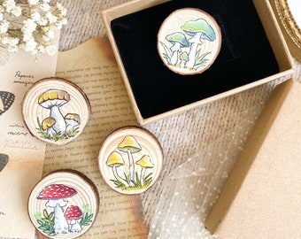 Whimsical Mushroom Wooden Brooch, Mushroom Handmade Pin, Botanical Pin Badge