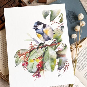 Watercolor Bird Print, Bird Wall Art, Botanical Art Decor