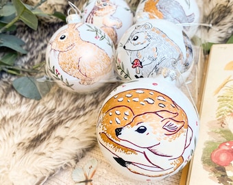 Hand Painted Glass Bauble, Christmas decor, forest animals decoration