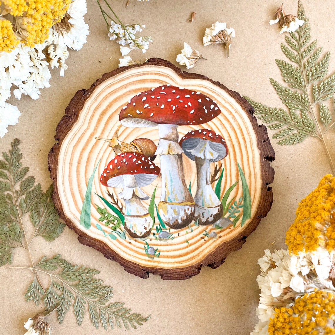 Mushrooms Painting Natural Wood Slice Wood Wall Art Etsy