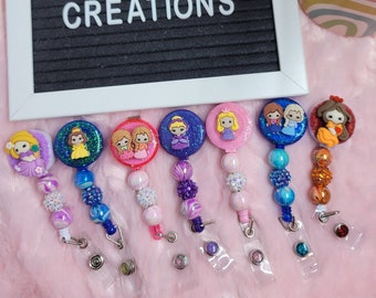 Princesses cartoon character glitter retractable ID Badge Reel with colorful beads.