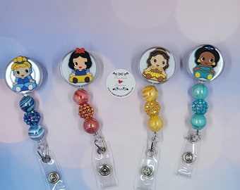 Princesses Cartoon Character Retractable ID Badge Reel with colorful beads