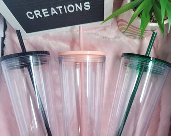 Acrylic double walled 24 oz tumbler perfect for snowglobe making with different color lids and swirl straws