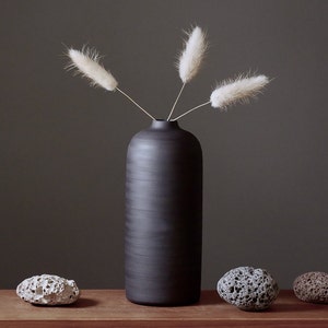 Könnte beinhalten: Eine schwarze Keramikvase mit strukturierter Oberfläche hält drei weiße getrocknete Pampasgras-Stiele. Drei graue und braune poröse Steine liegen auf einer Holzoberfläche vor der Vase.