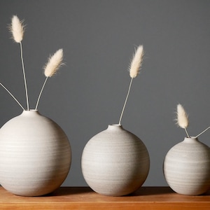 Può includere: Tre vasi in ceramica grigia di diverse dimensioni con una finitura testurizzata. Ogni vaso è riempito con un singolo stelo di erba della pampa secca.