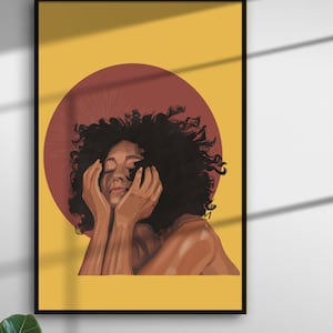 May include: A digital illustration of a person with curly hair, brown skin, and closed eyes. The person is holding their face with both hands. The background is yellow with a large red circle behind the person.