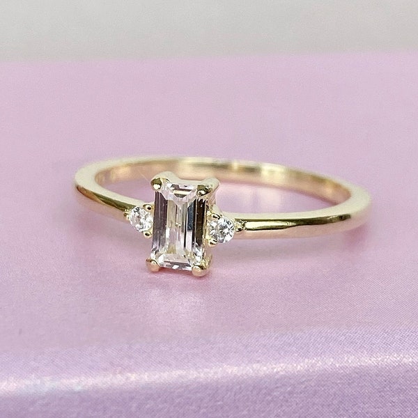 Radiant cut engagement ring Triple ring 3 stone ring Gold ring Silver ring Promise ring Diamond ring Simulant ring Moissanite Solitaire ring