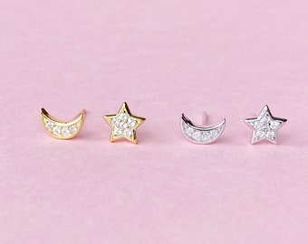 Pendientes estrella y luna Pendientes de tachuelas Oro Pendientes de plata Pendientes minimalistas Pendientes delicados Pendientes de luna estrella diminutos Pendientes de luna estrella pequeños Regalo