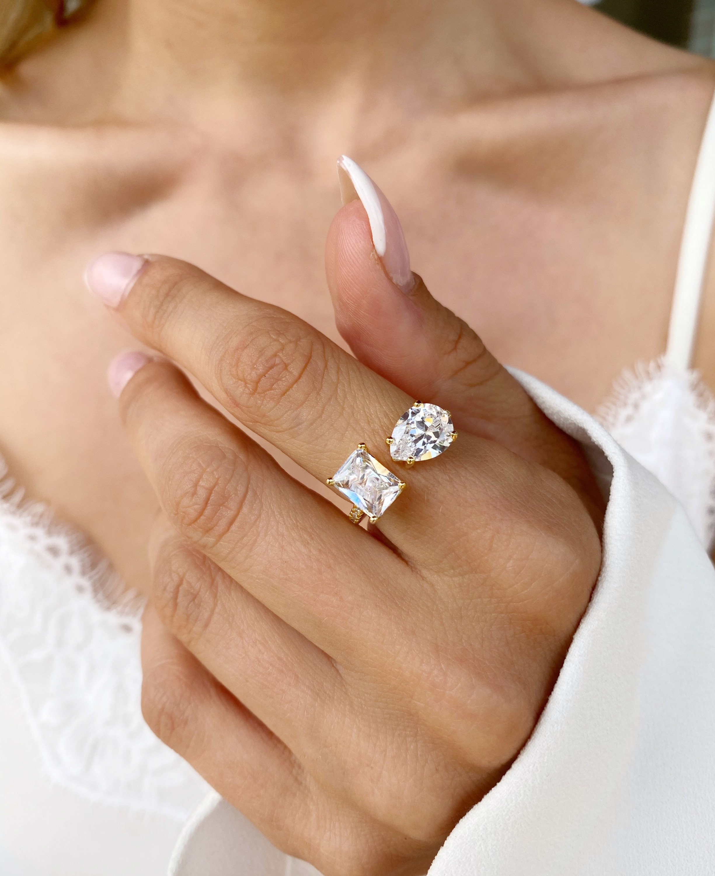 Double Stone Engagement Ring 2 Stone Wedding Ring Radiant Cut Etsy