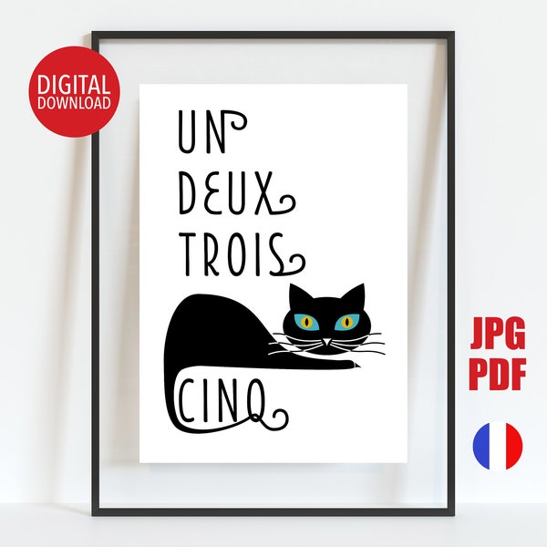 French Quote Print, Printable Atomic Cat Wall Art, Pretty Typography Word Digital Download, Fun Classroom Poster, Mid Century Modern Artwork