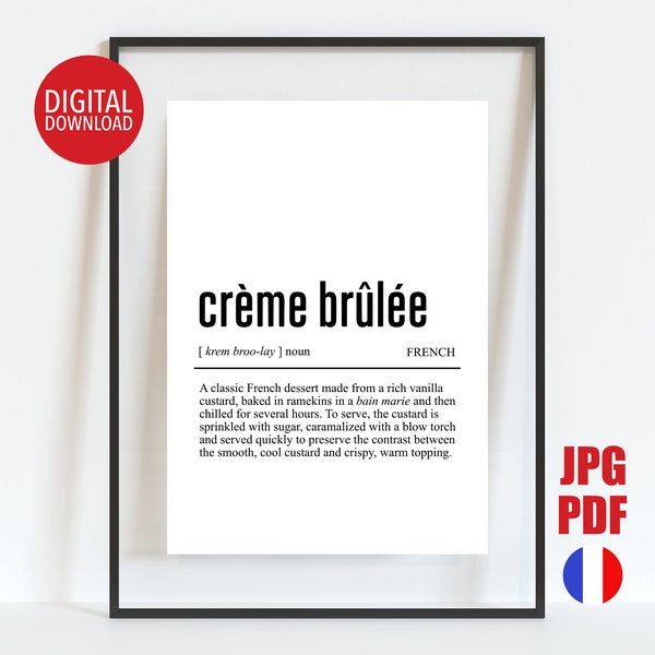 Crème Brûlée Definition Print, French Cooking Terminology, Kitchen Wall Art, Culinary Poster, Printable Cafe Decor, Digital Foodie Gift