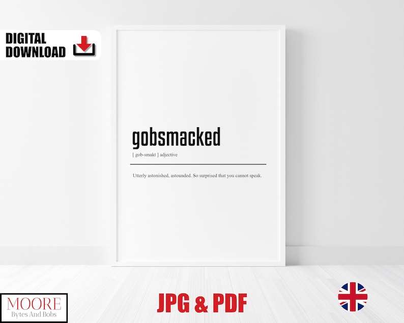 Gobsmacked Definition Print, British Slang Dictionary Poster, Printable