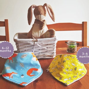 Puede incluir: Dos baberos para bebé, uno azul con estampado de zorro y el texto "6-12 meses" y otro amarillo con estampado de paraguas blanco y el texto "3-6 meses".