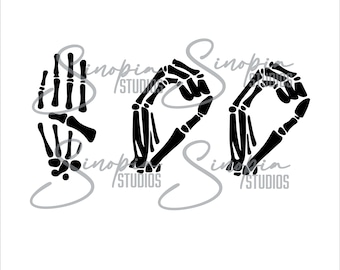 May include: Black and white graphic design featuring the word "DAD" spelled out with skeletal hands. The hands are in a gesture of sign language. The word "DAD" is centered on a white background.