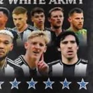 May include: A black and white graphic featuring a group of soccer players with the text "The White Army" at the top. The image includes five blue stars at the bottom.