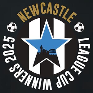 May include: Black graphic with gold text reading "NEWCASTLE" and white text saying "LEAGUE CUP WINNERS 2025". The design includes a blue star with a city silhouette, two footballs, and a white star.