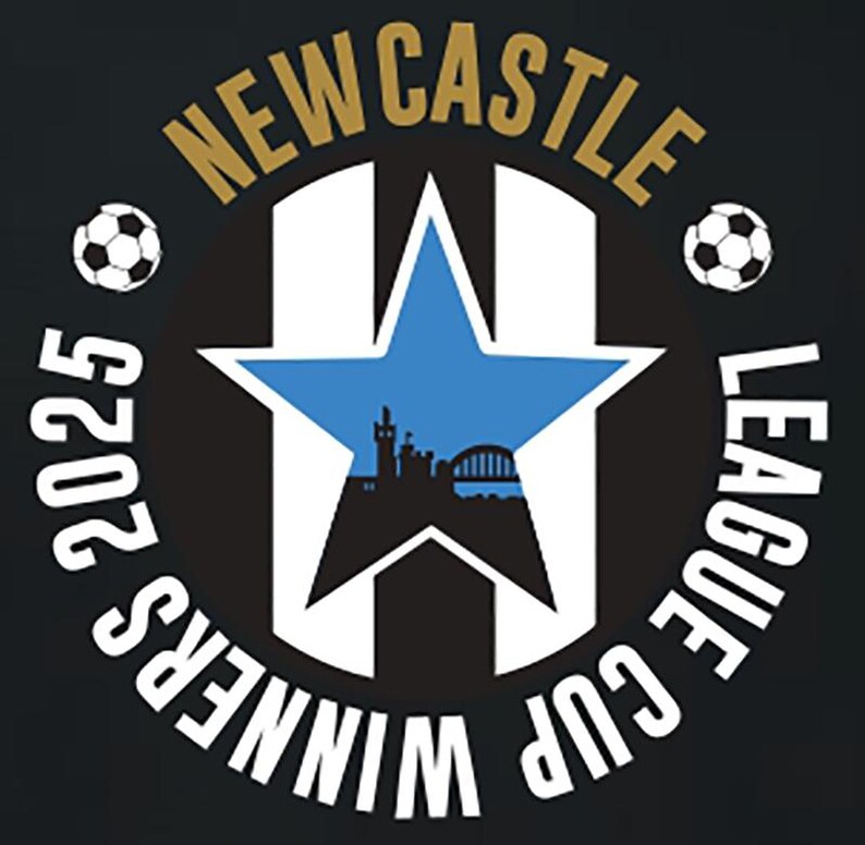 May include: Black graphic with gold text reading "NEWCASTLE" and white text saying "LEAGUE CUP WINNERS 2025". The design includes a blue star with a city silhouette, two footballs, and a white star.