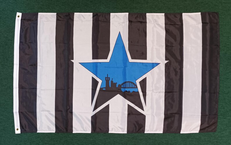 May include: A rectangular flag with alternating black and white vertical stripes. A blue star with a black outline is centered, containing a silhouette of a cityscape with a bridge. The flag has a white border with grommets.