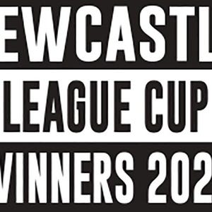 May include: A black and white graphic with the words "NEWCASTLE LEAGUE CUP WINNERS 2025". The text is in a bold, sans-serif font. Two blue stars with a city silhouette are on either side of "LEAGUE CUP".
