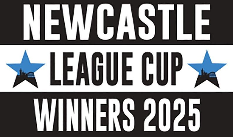 May include: A black and white graphic with the words "NEWCASTLE LEAGUE CUP WINNERS 2025". The text is in a bold, sans-serif font. Two blue stars with a city silhouette are on either side of "LEAGUE CUP".