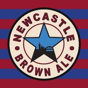 May include: A white circle with a black border and the text "NEWCASTLE BROWN ALE" in a black, bold font. Inside the circle is a blue five-pointed star with a black outline. The star has a silhouette of the Newcastle skyline inside.